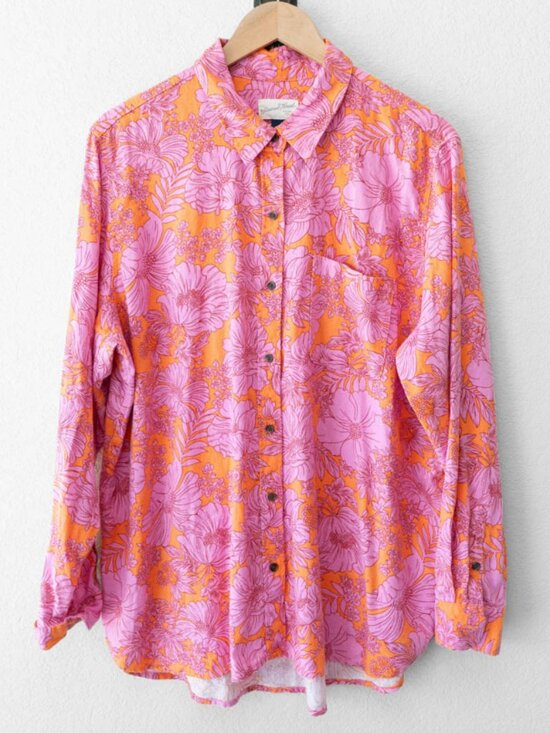 Universal Thread Tops - Universal Thread Floral Linen Blend Button Shirt XL Pink Orange Long Sleeve Top